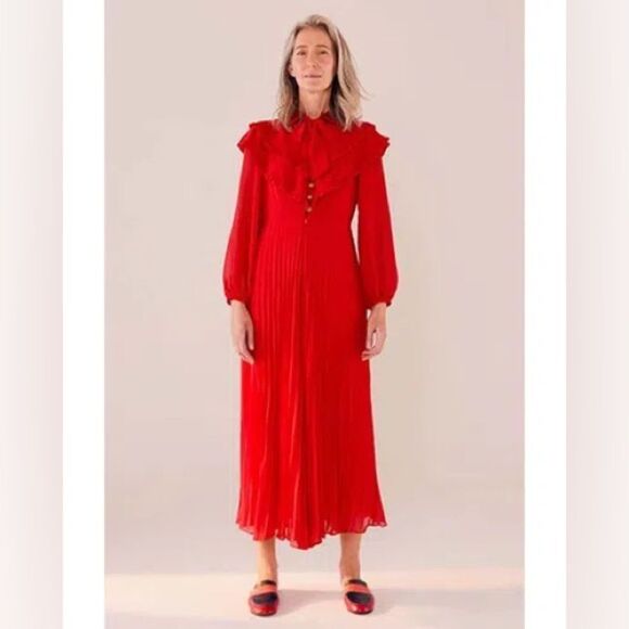 FARM Rio Women's Red Maxi Pleated Jumpsuit Neck Tie Buttons Flowy Sz Medium